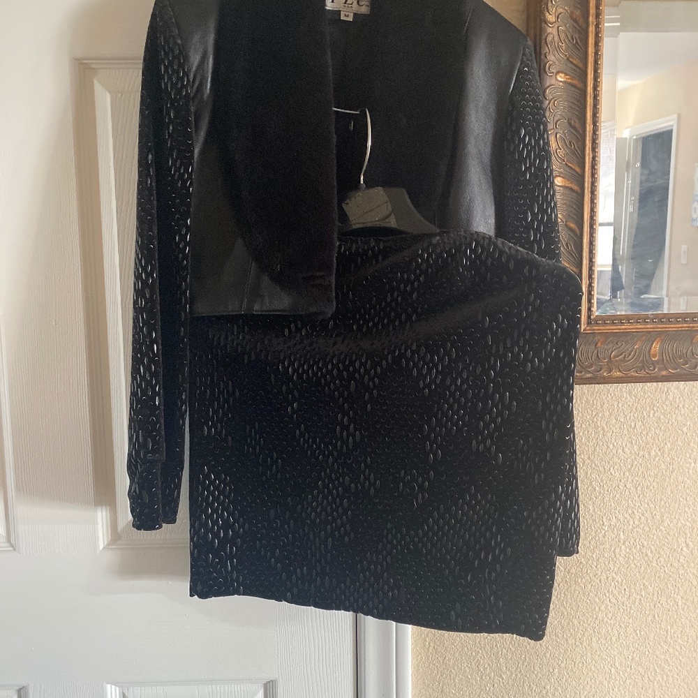 Black embellished leather lamb fur suit